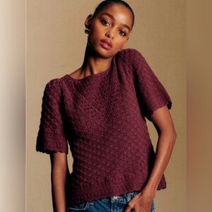 Sézane Lalia Jumper, Burgandy Bordeaux Openwork Crochet knit short sleeve top, S